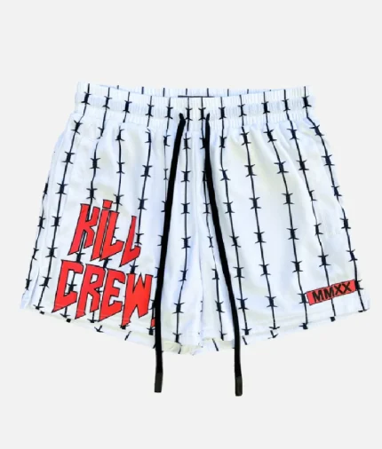 Kill Crew Barbwire Muay Thai Shorts White Red (1)